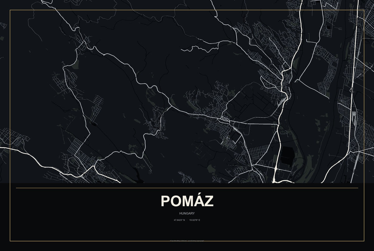 Pomáz, Hungary City Map Aluminum Sign in Metropolitan Noir style