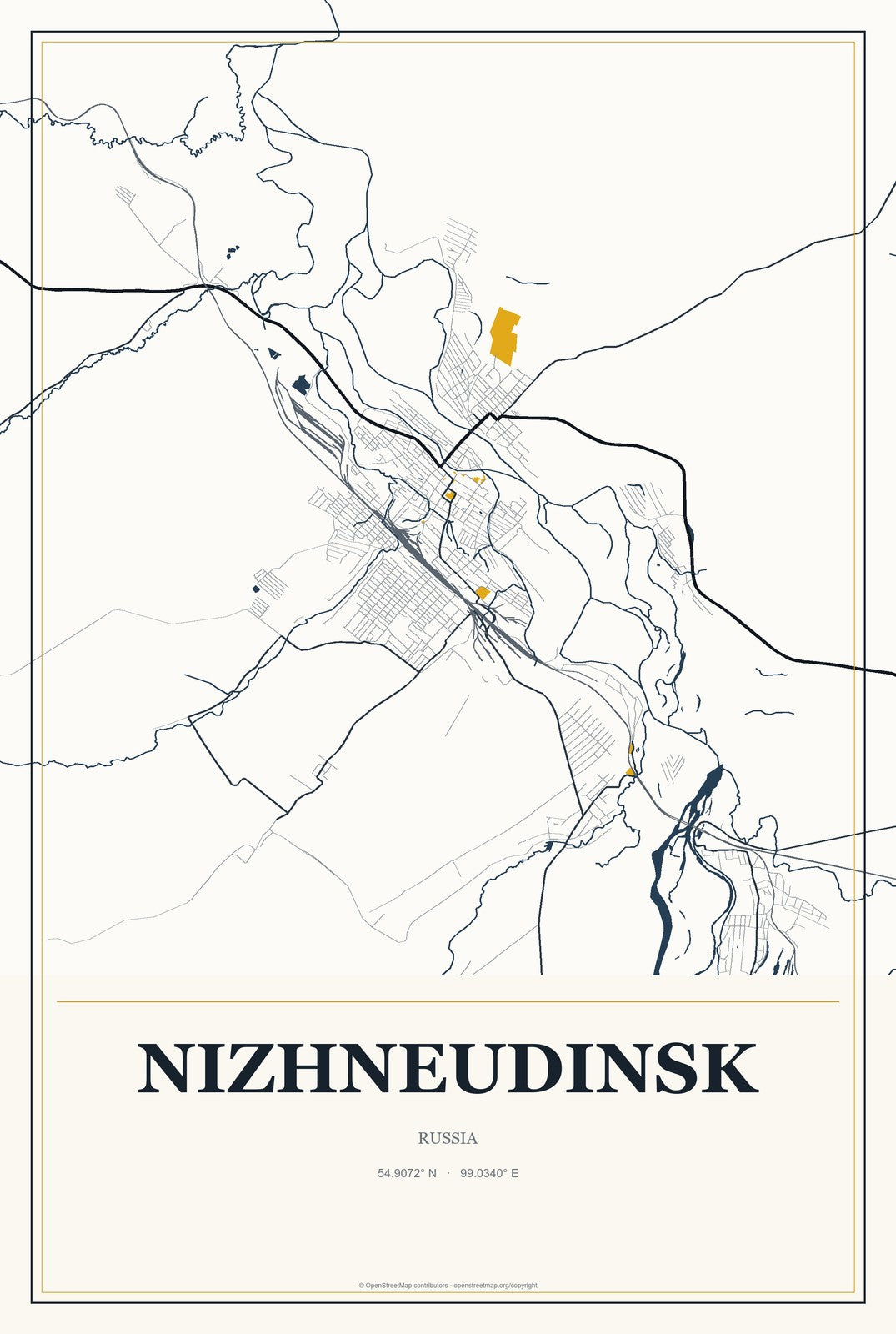 Nizhneudinsk, Russia City Map Aluminum Sign in Citrine Modern style