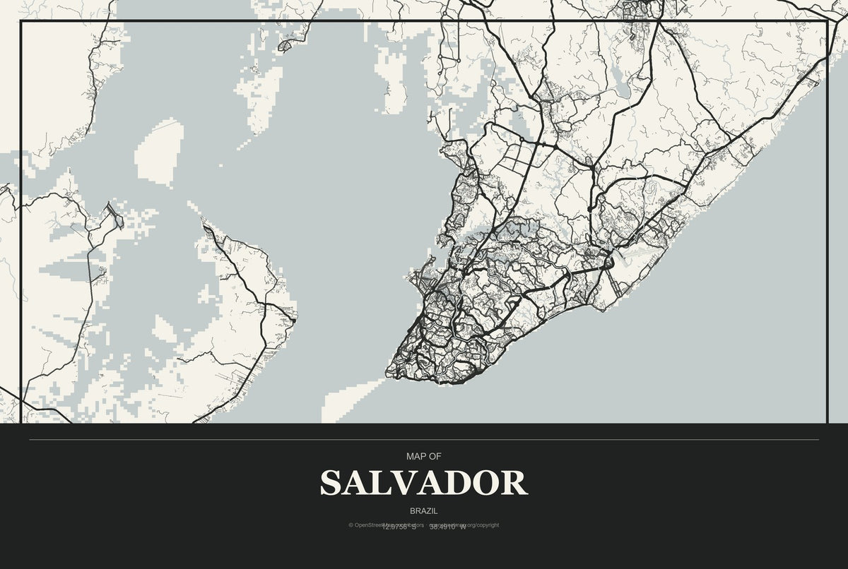 Salvador, Brazil City Map Aluminum Sign in Museum Plaque style