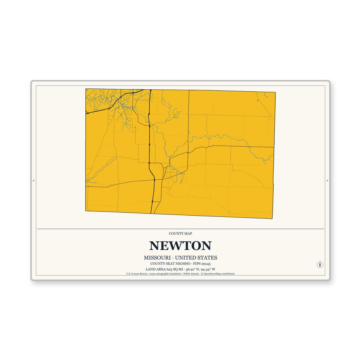 Newton County, Missouri Map Aluminum Sign in Citrine Modern style