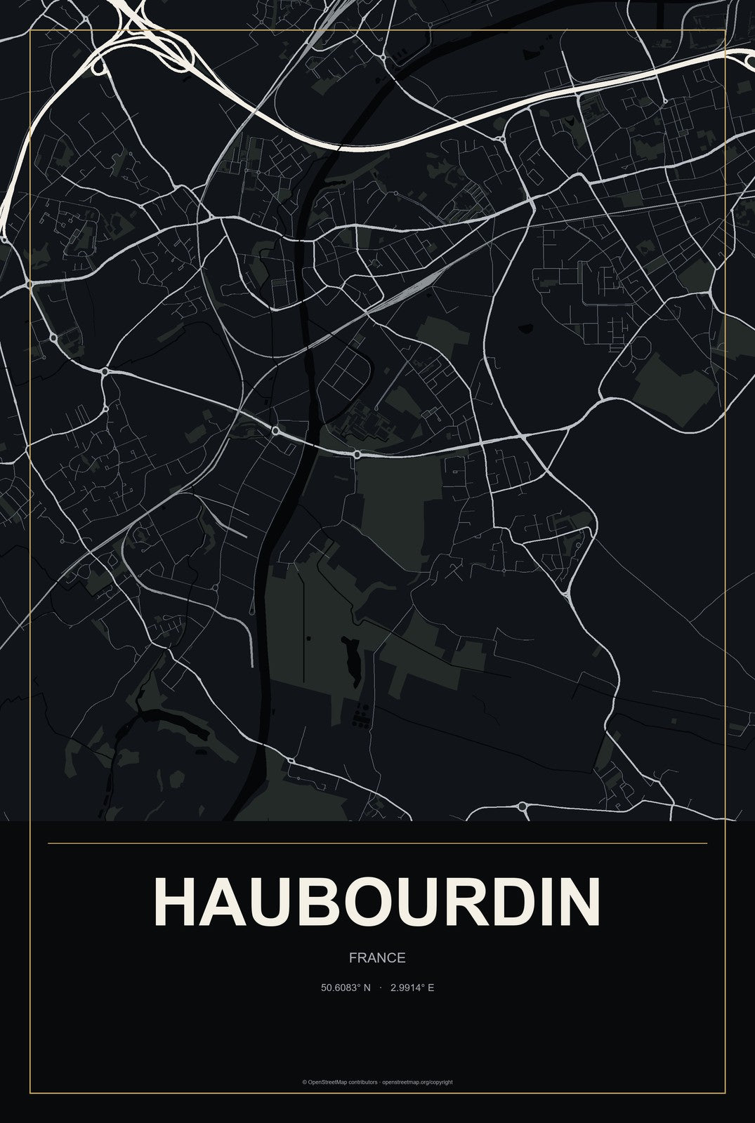 Haubourdin, France City Map Aluminum Sign in Metropolitan Noir style