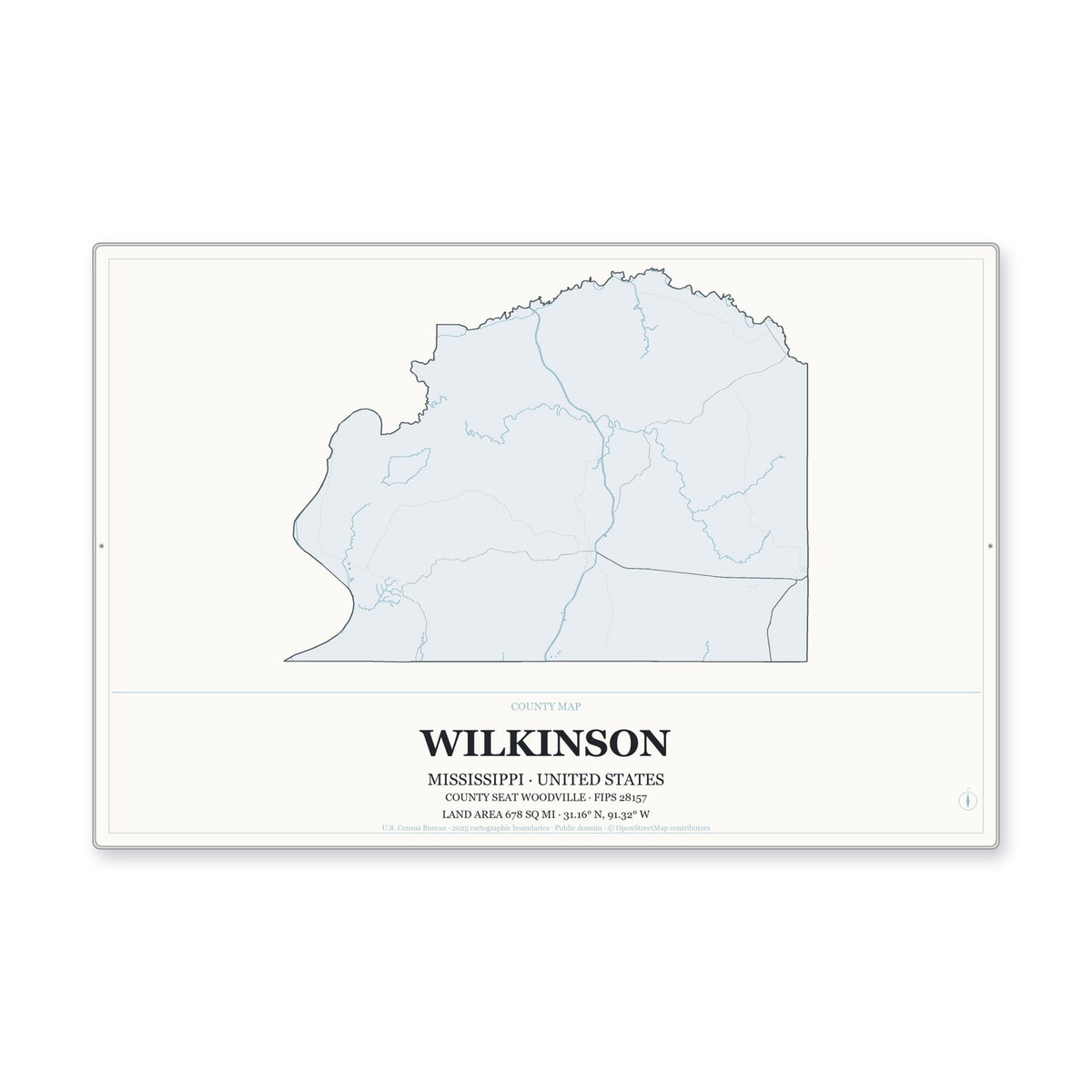 Wilkinson County, Mississippi Map Aluminum Sign in Gallery Air style