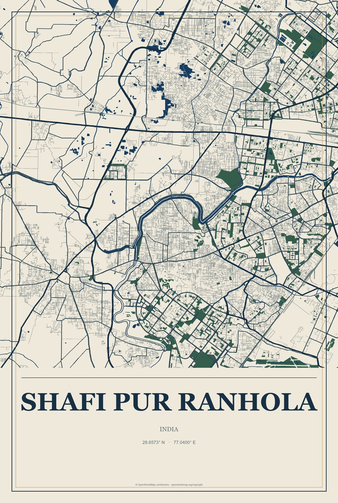 Shafi Pur Ranhola, India City Map Aluminum Sign in Coastal Cutout style