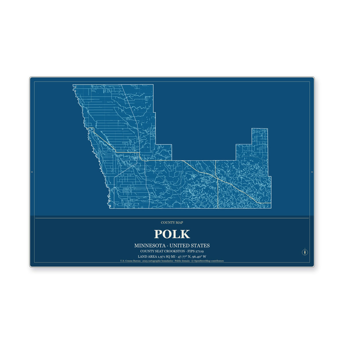 Polk County, Minnesota Map Aluminum Sign in Harbor Cobalt style