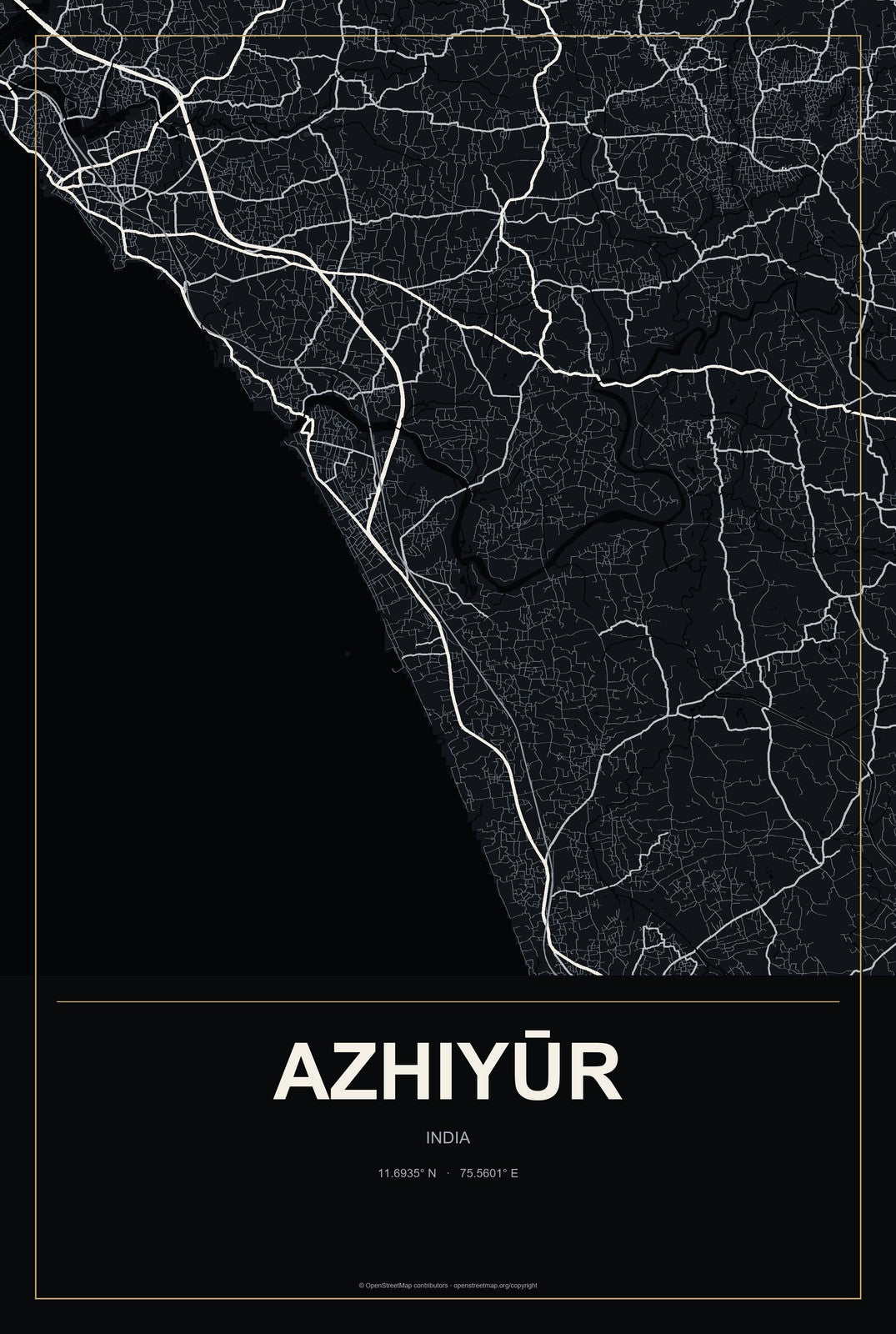 Azhiyūr, India City Map Aluminum Sign in Metropolitan Noir style