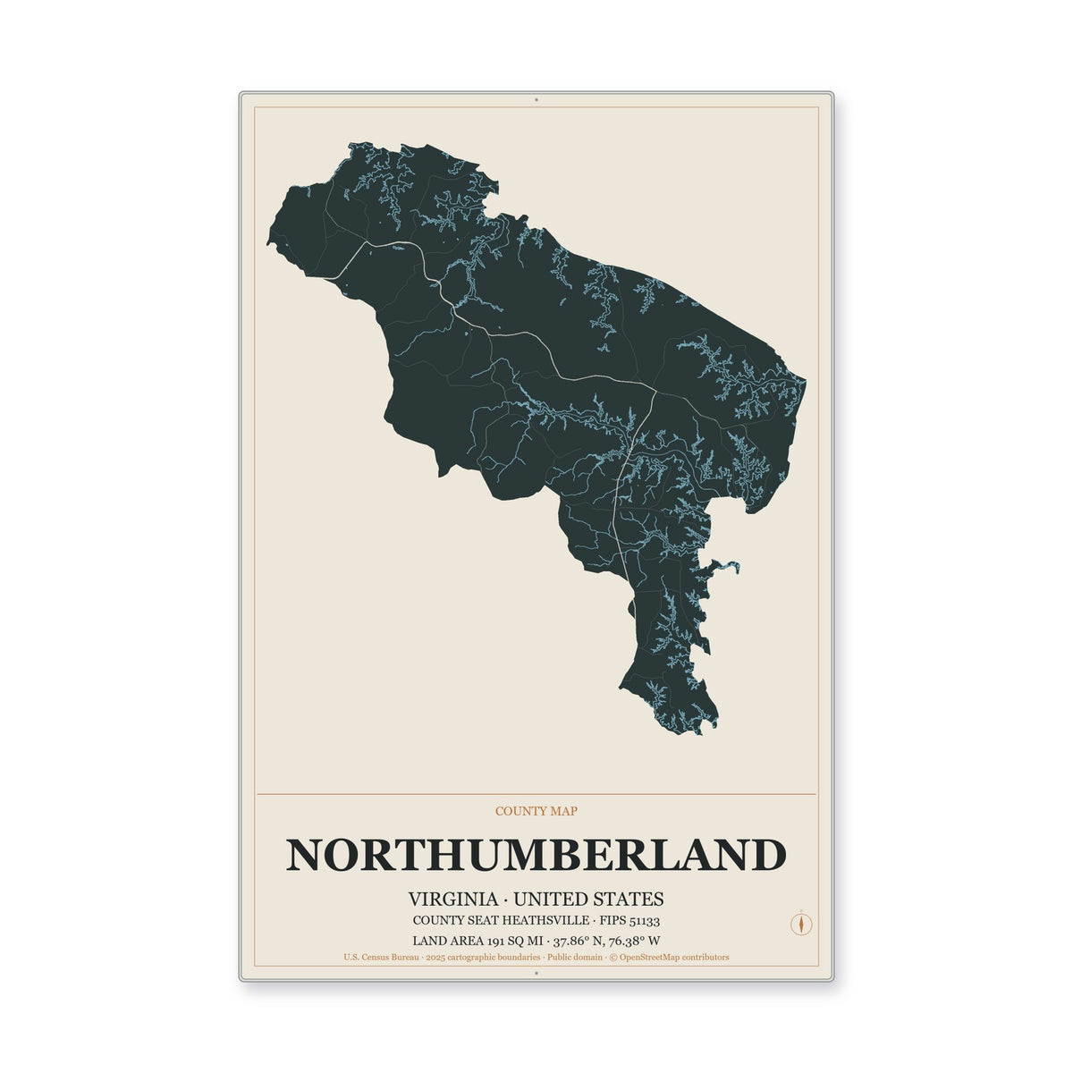 Northumberland County, Virginia Map Aluminum Sign in Headline Atlas style