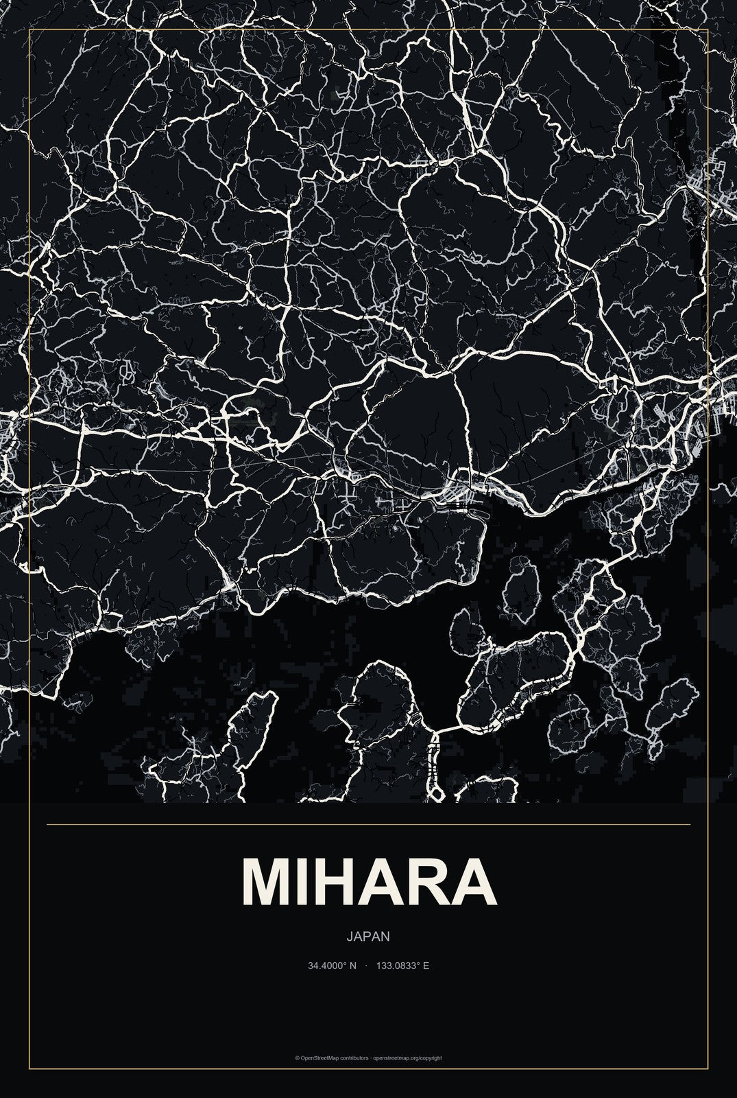 Mihara, Japan City Map Aluminum Sign in Metropolitan Noir style