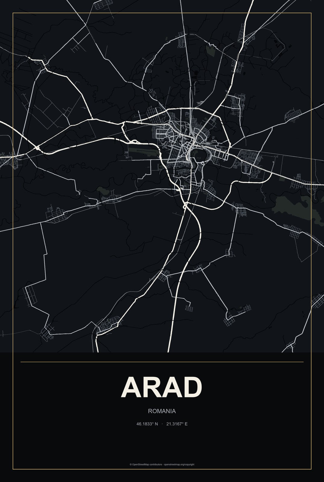 Arad, Romania City Map Aluminum Sign in Metropolitan Noir style