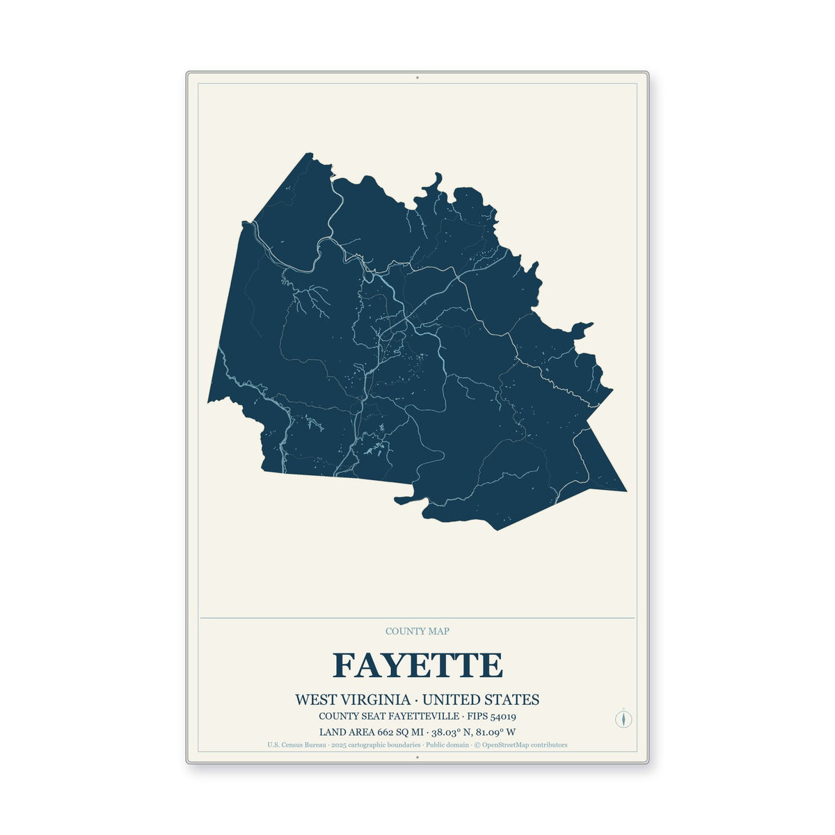 Fayette County, West Virginia Map Aluminum Sign in Coastal Cutout style