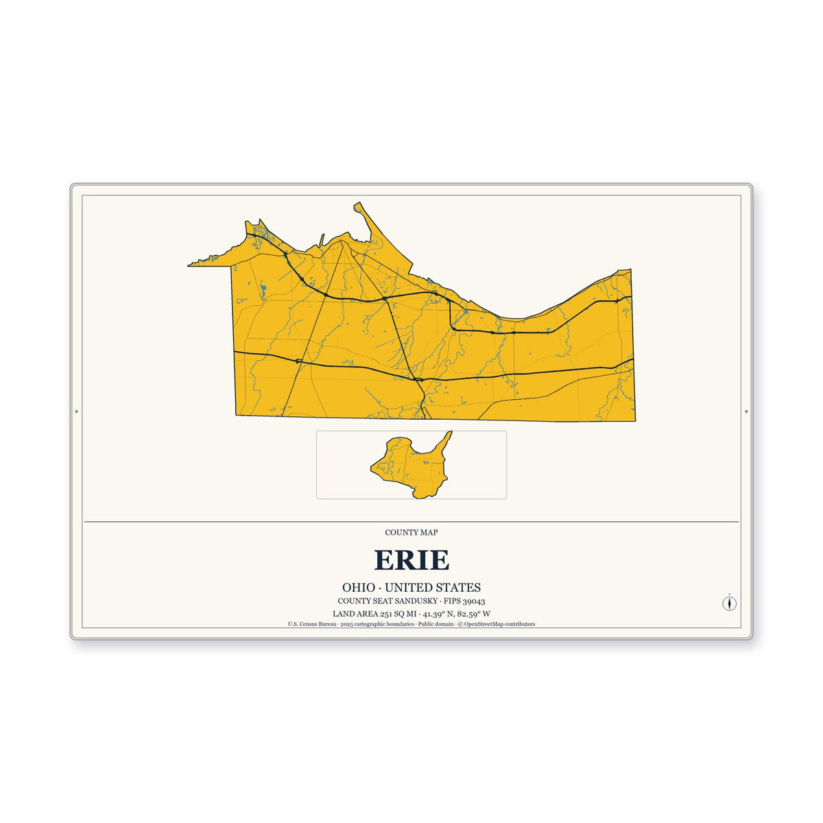 Erie County, Ohio Map Aluminum Sign in Citrine Modern style