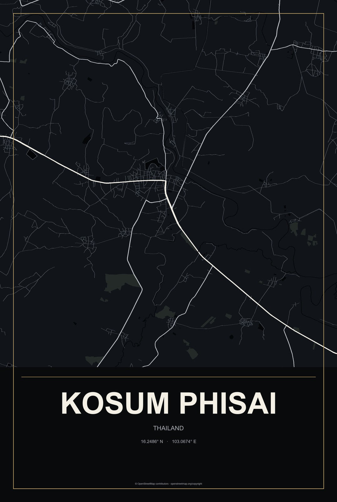 Kosum Phisai, Thailand City Map Aluminum Sign in Metropolitan Noir style