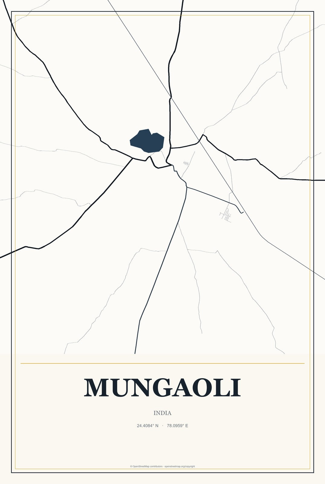 Mungaoli, India City Map Aluminum Sign in Citrine Modern style