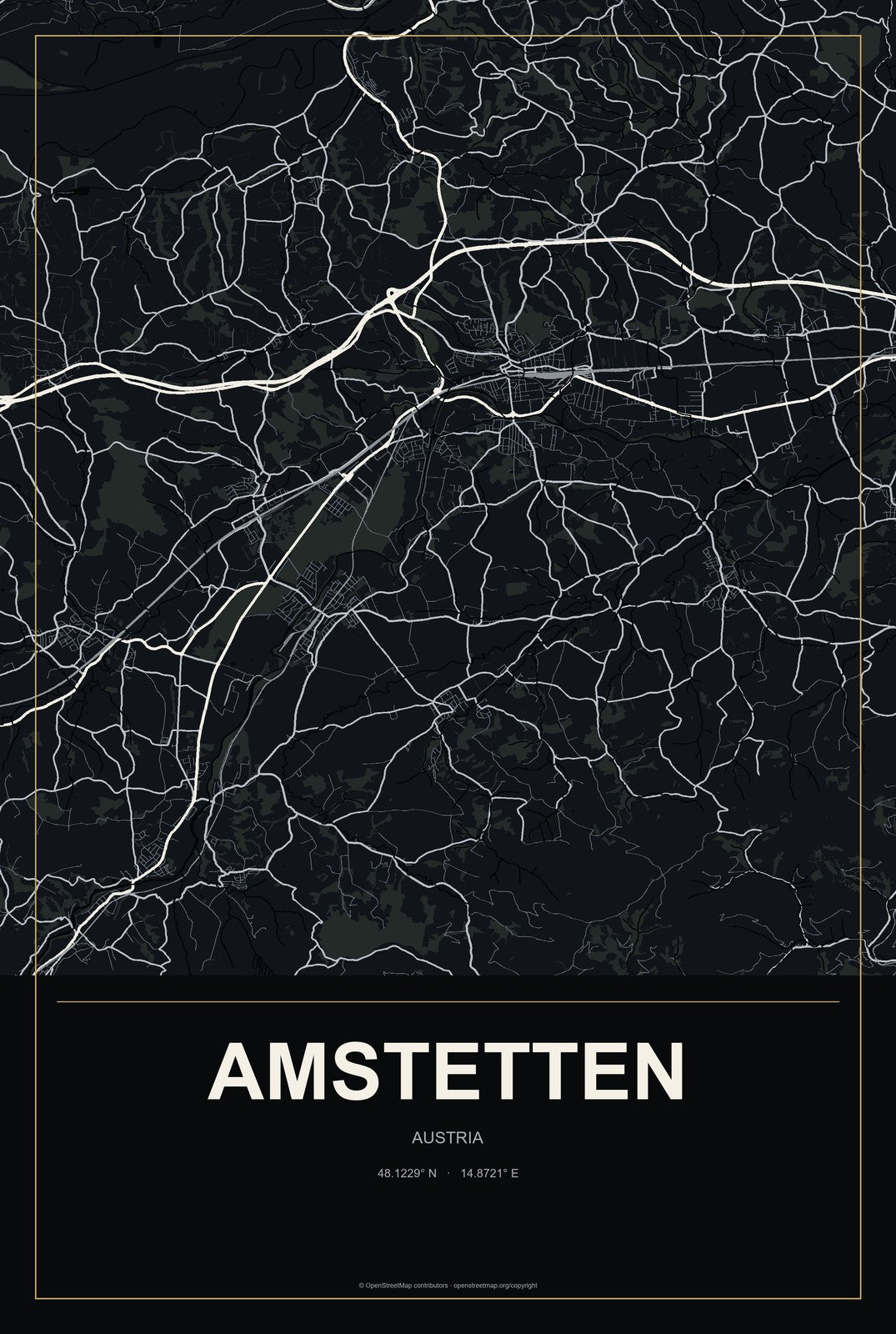 Amstetten, Austria City Map Aluminum Sign in Metropolitan Noir style