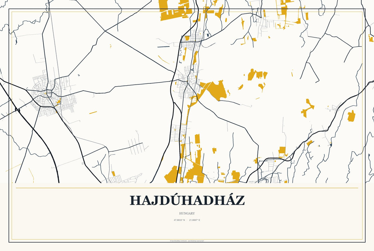 Hajdúhadház, Hungary City Map Aluminum Sign in Citrine Modern style