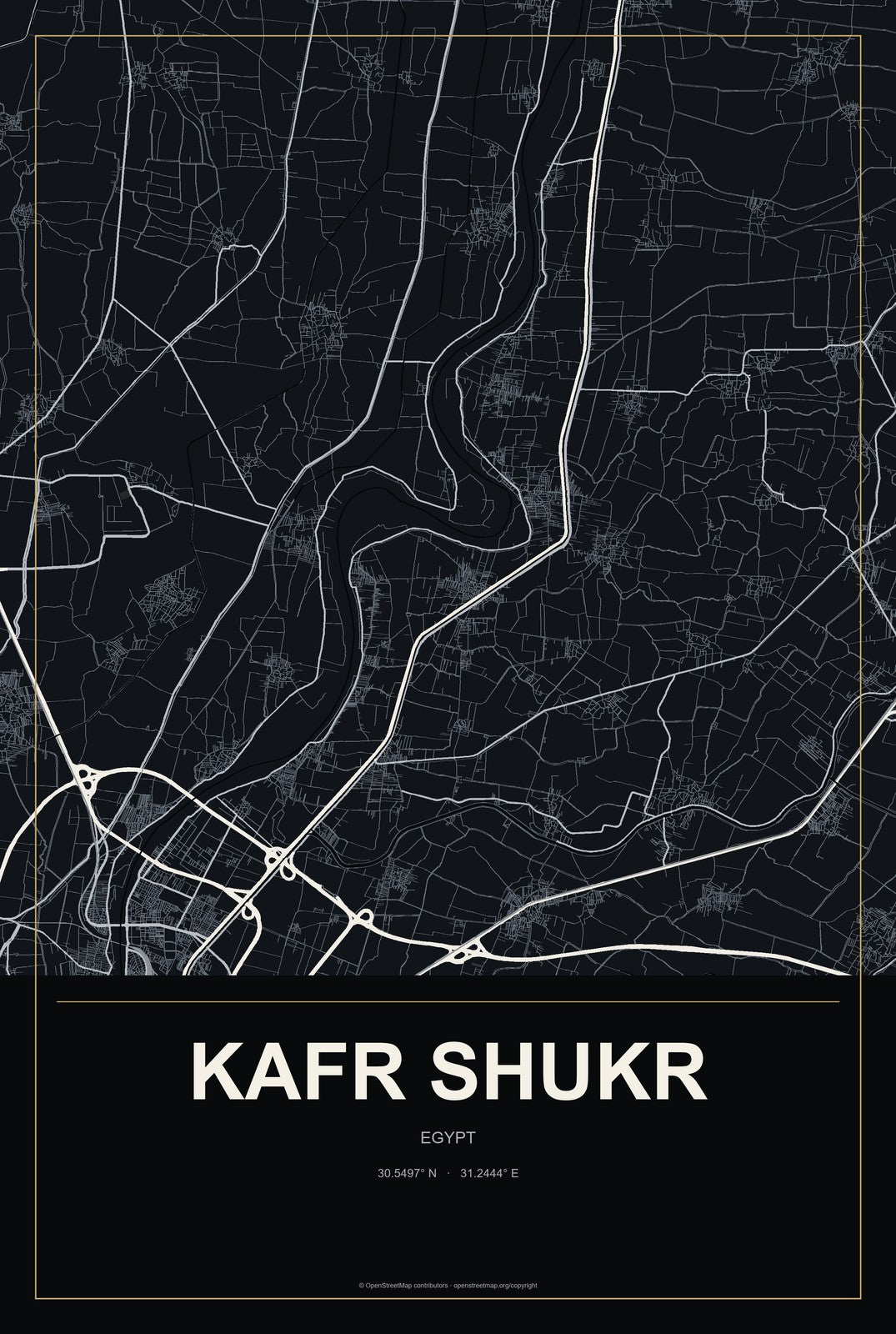 Kafr Shukr, Egypt City Map Aluminum Sign in Metropolitan Noir style