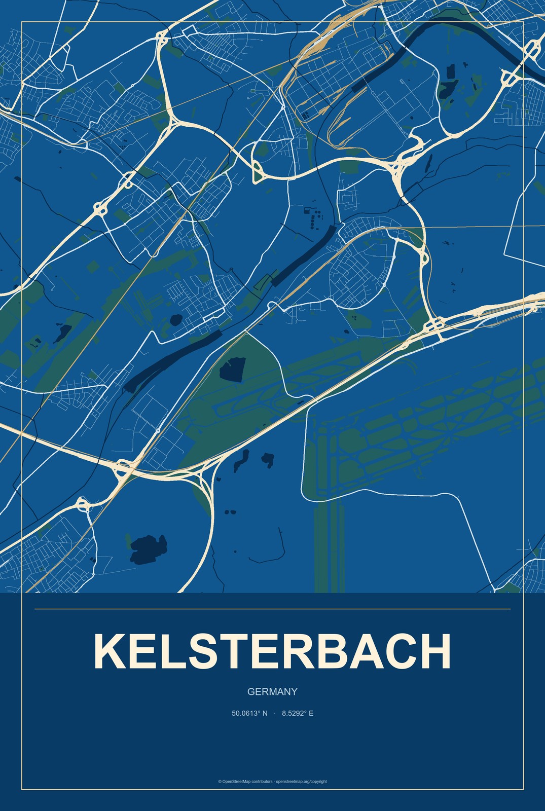 Kelsterbach, Germany City Map Aluminum Sign in Harbor Cobalt style