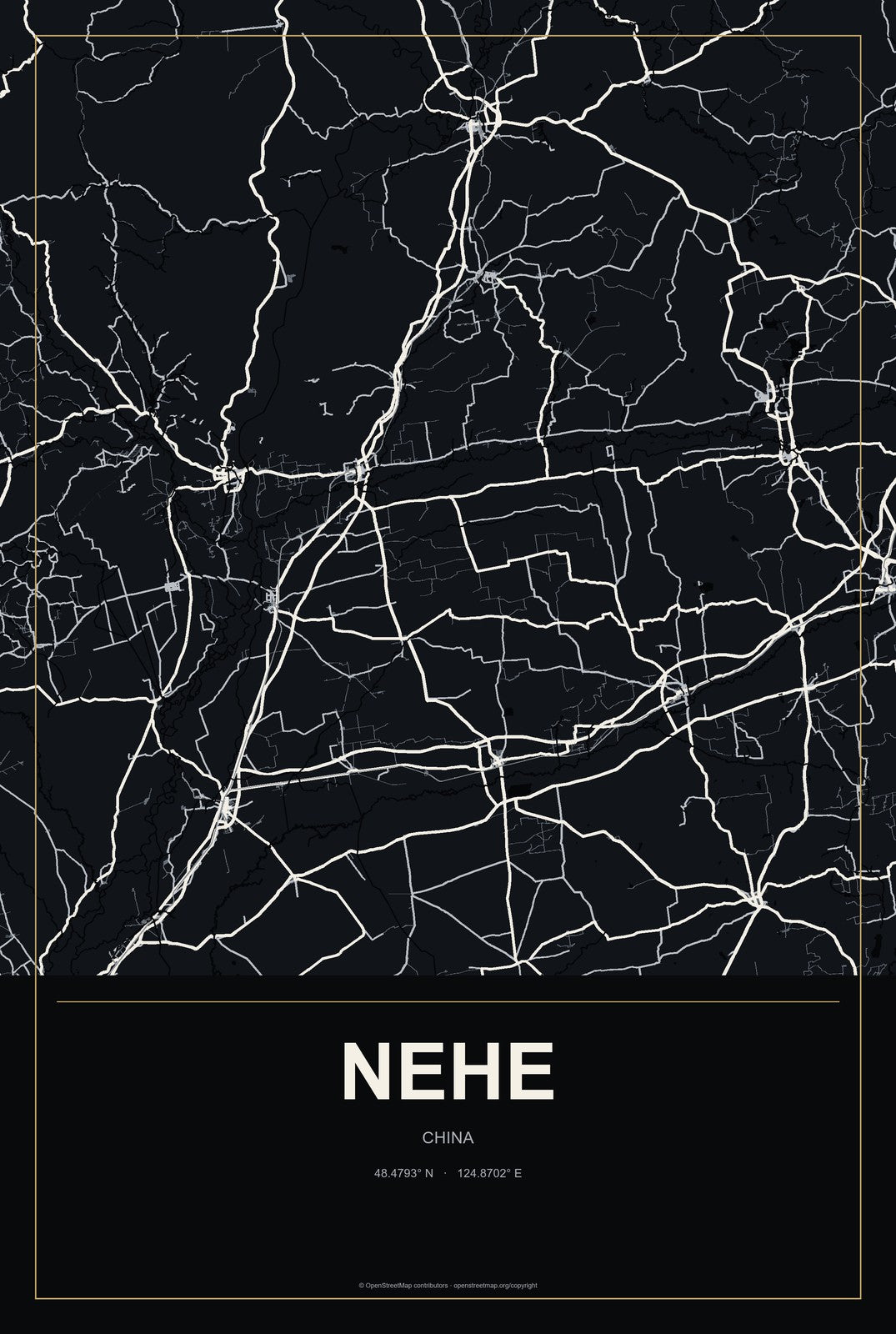 Nehe, China City Map Aluminum Sign in Metropolitan Noir style