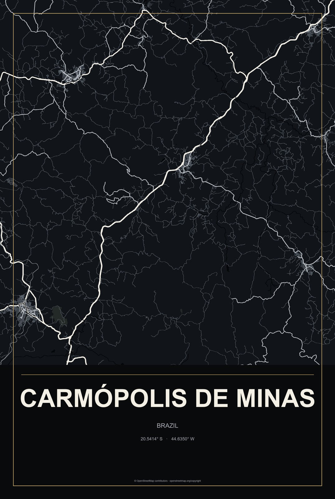 Carmópolis de Minas, Brazil City Map Aluminum Sign in Metropolitan Noir style