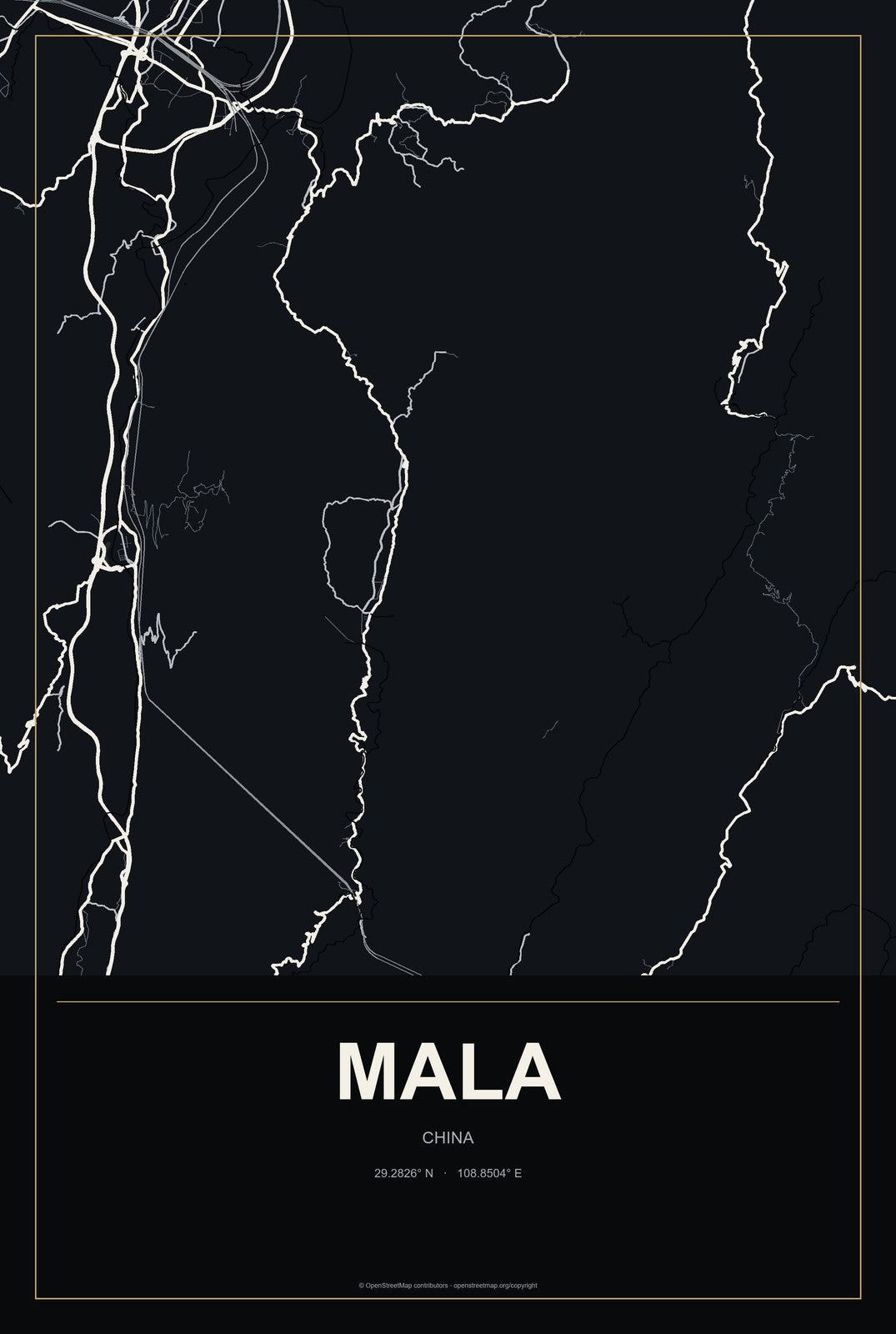 Mala, China City Map Aluminum Sign in Metropolitan Noir style