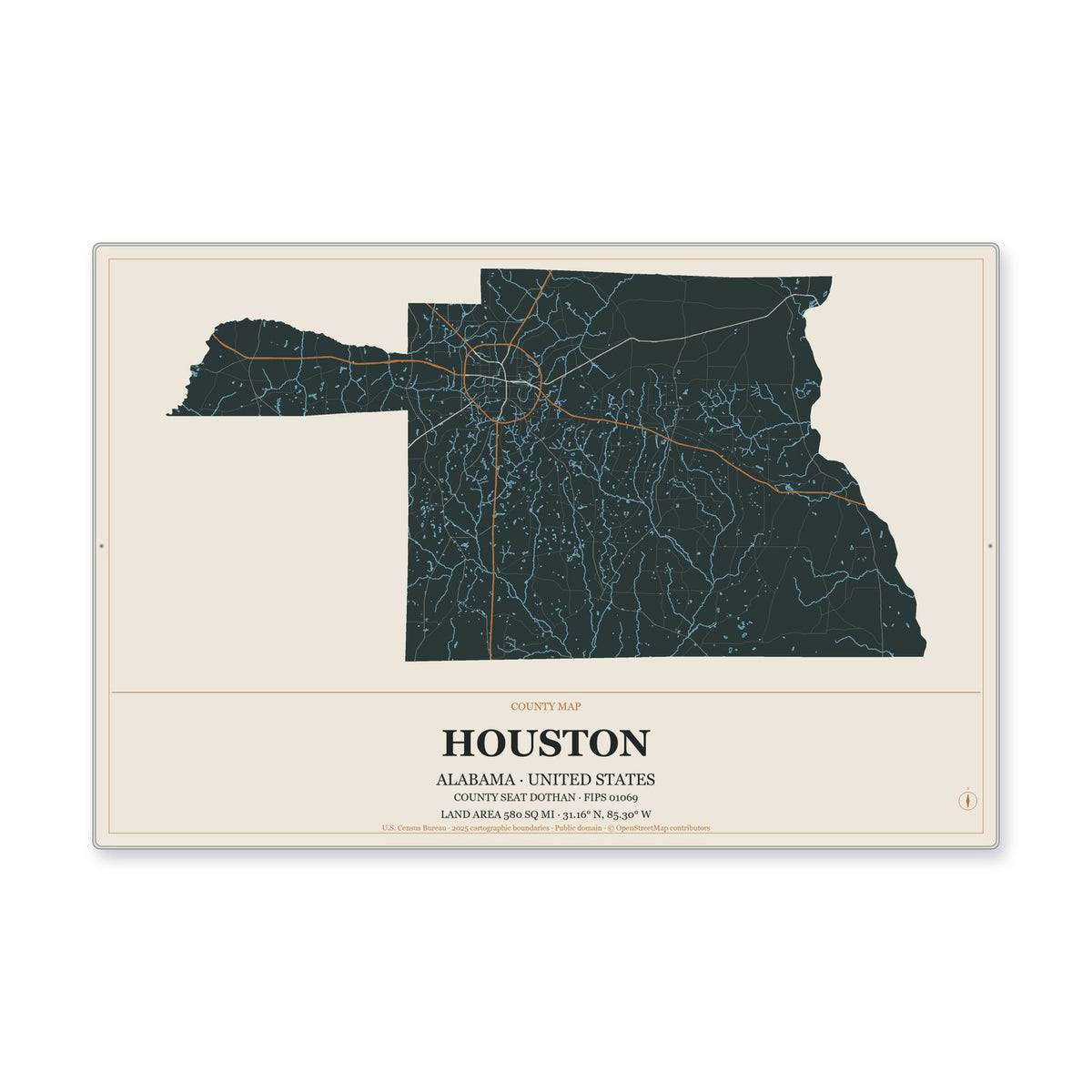 Houston County, Alabama Map Aluminum Sign in Headline Atlas style