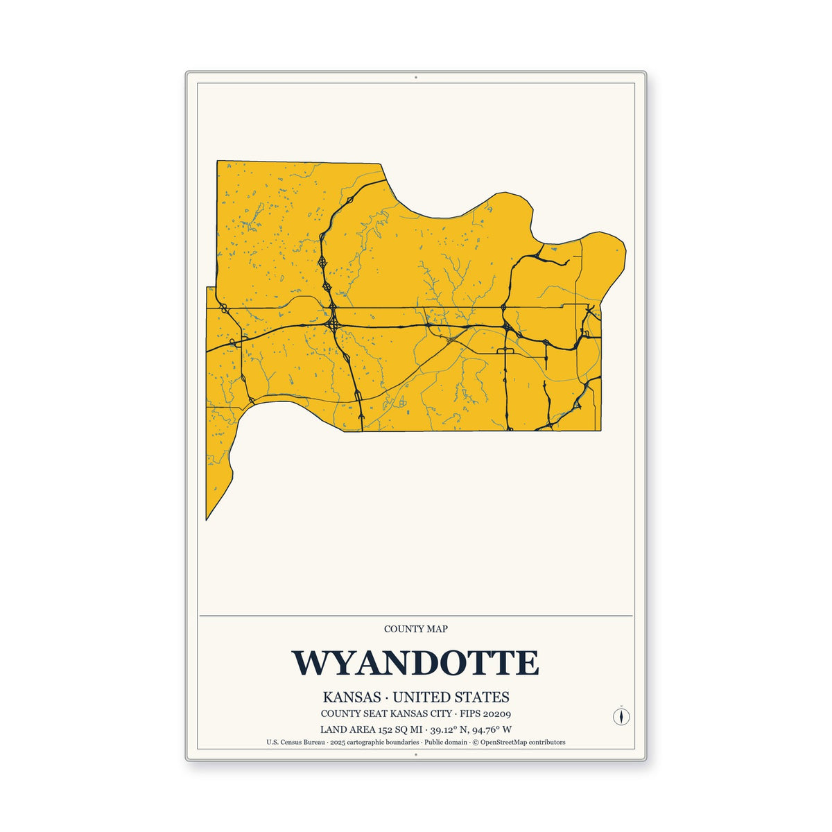 Wyandotte County, Kansas Map Aluminum Sign in Citrine Modern style