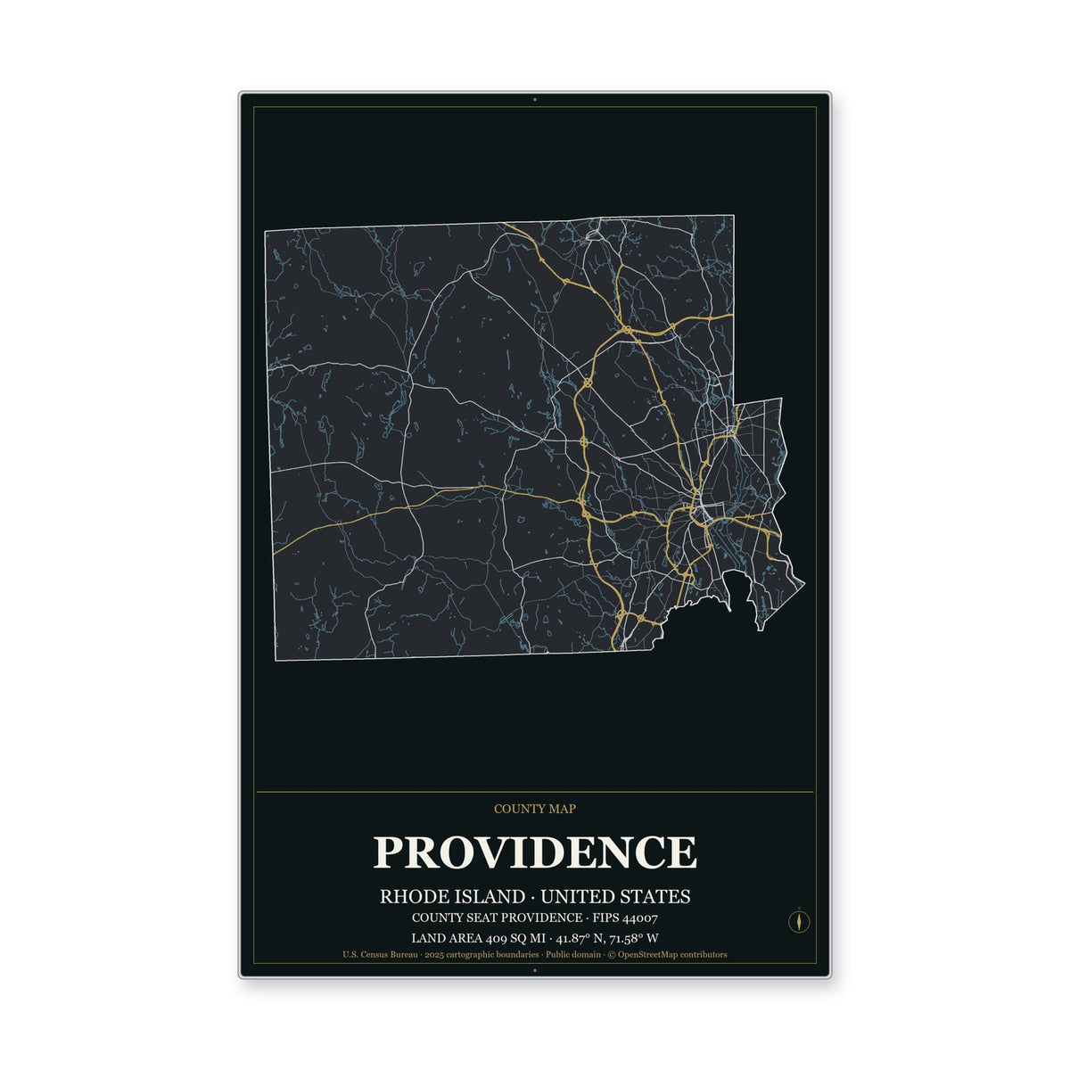 Providence County, Rhode Island Map Aluminum Sign in Metropolitan Noir style