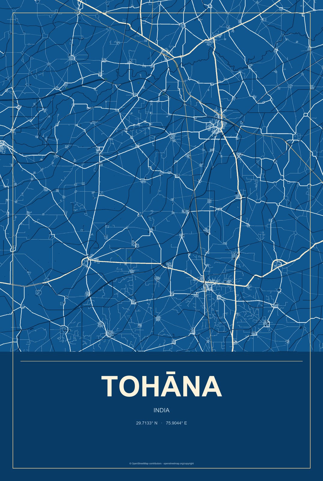 Tohāna, India City Map Aluminum Sign in Harbor Cobalt style