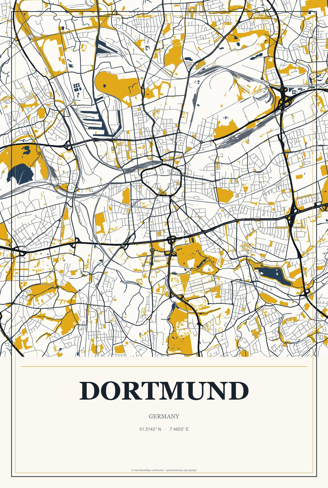 Dortmund, Germany City Map Aluminum Sign in Citrine Modern style