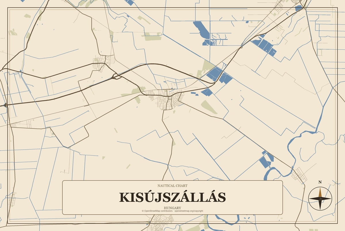 Kisújszállás, Hungary City Map Aluminum Sign in Heritage Nautical style