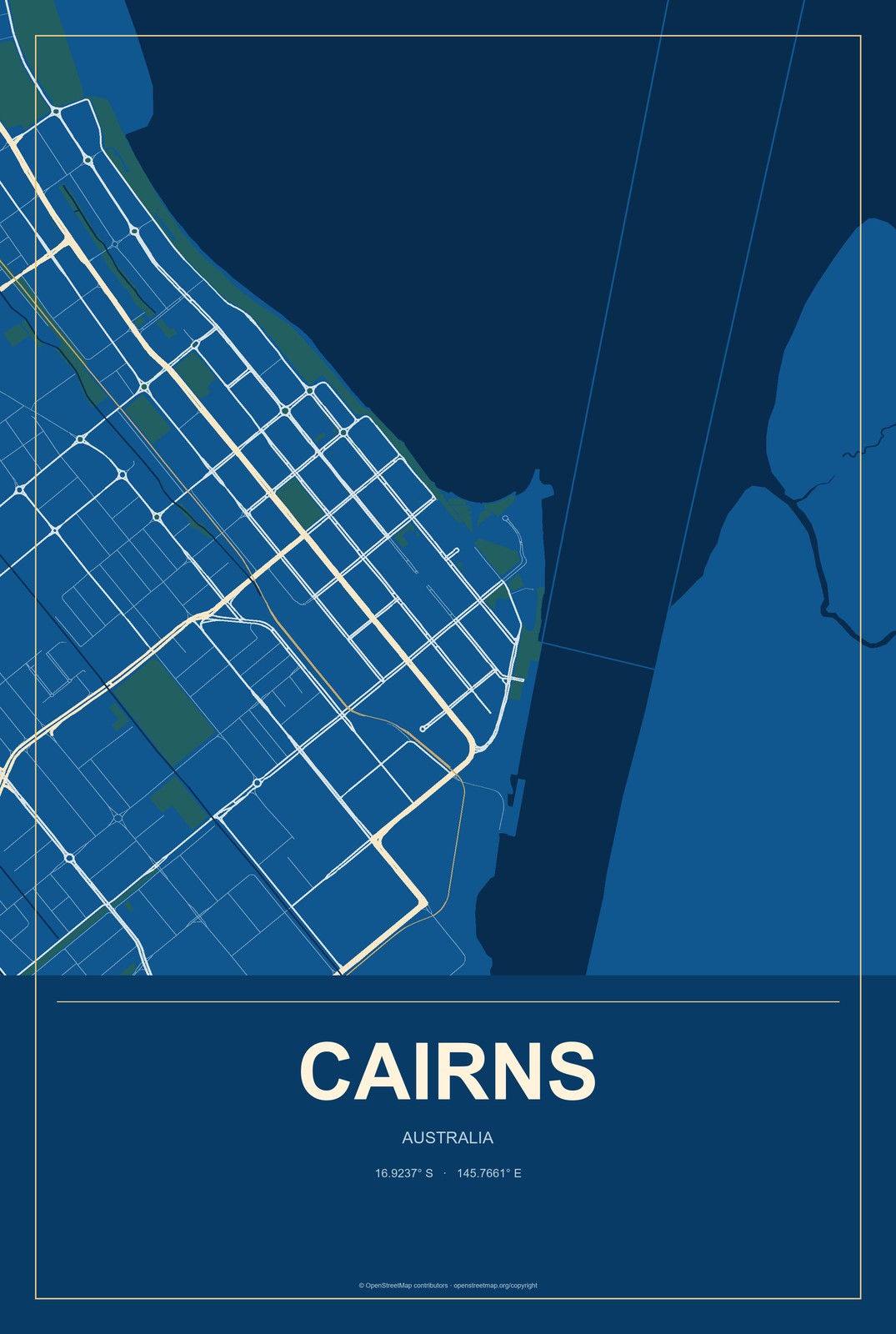 Cairns, Australia City Map Aluminum Sign in Harbor Cobalt style