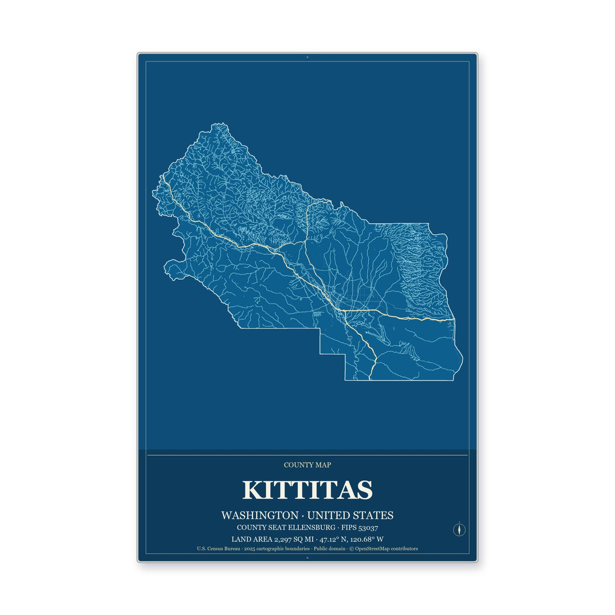Kittitas County, Washington Map Aluminum Sign in Harbor Cobalt style