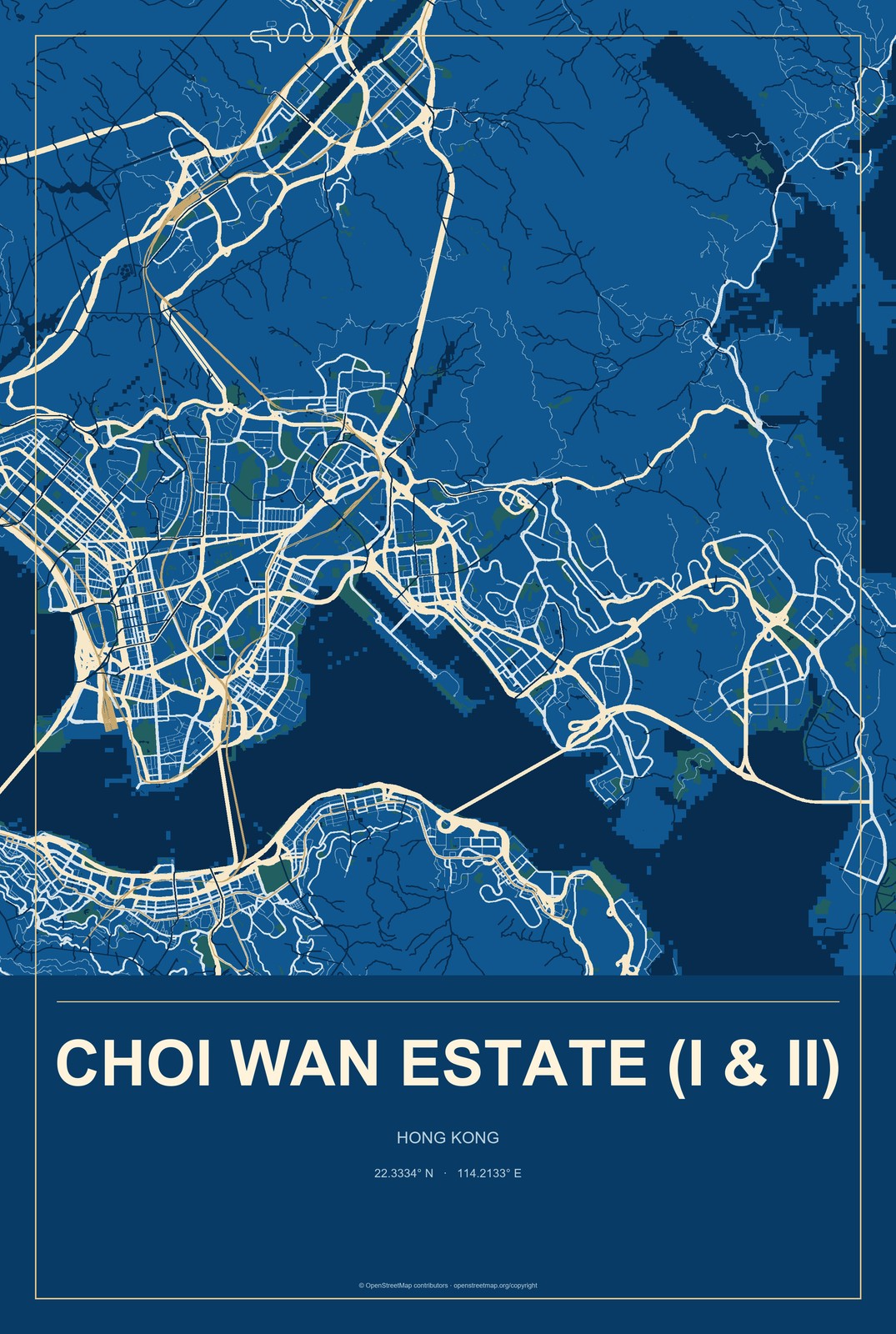 Choi Wan Estate (I & II), Hong Kong City Map Aluminum Sign in Harbor Cobalt style