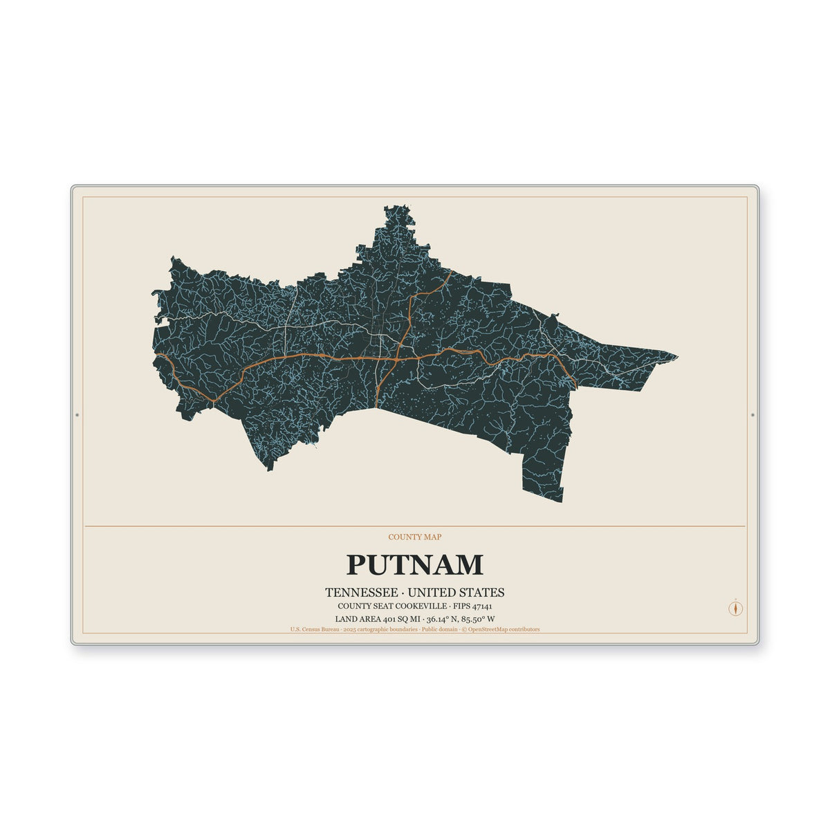 Putnam County, Tennessee Map Aluminum Sign in Headline Atlas style
