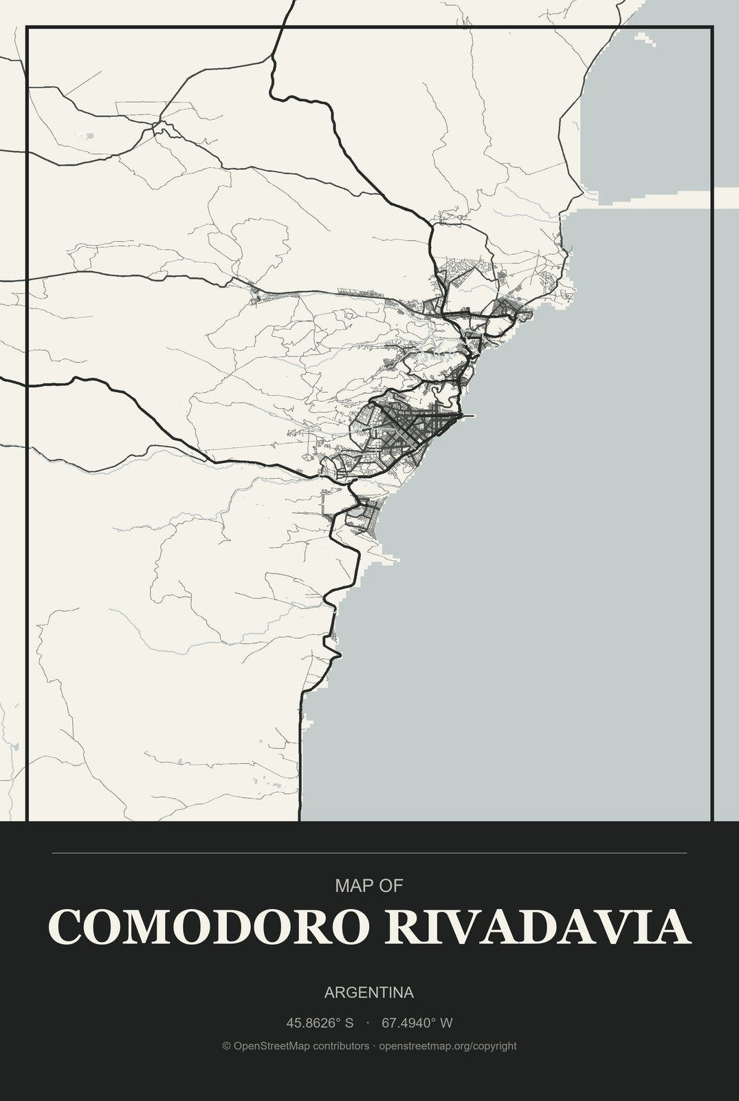 Comodoro Rivadavia, Argentina City Map Aluminum Sign in Museum Plaque style