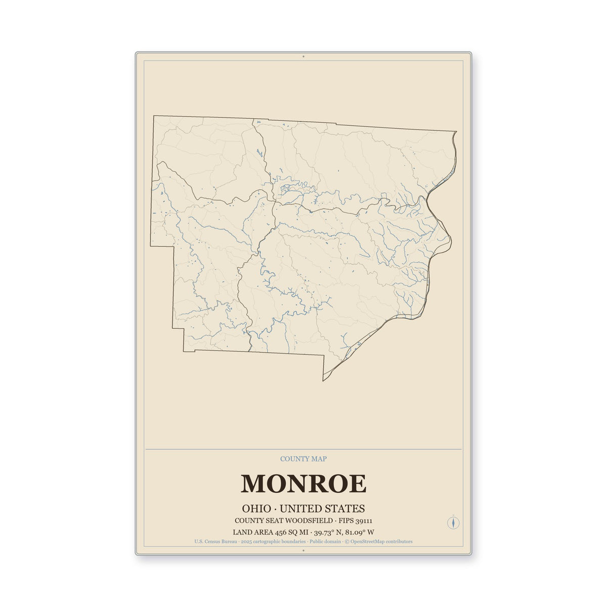 Monroe County, Ohio Map Aluminum Sign in Heritage Nautical style
