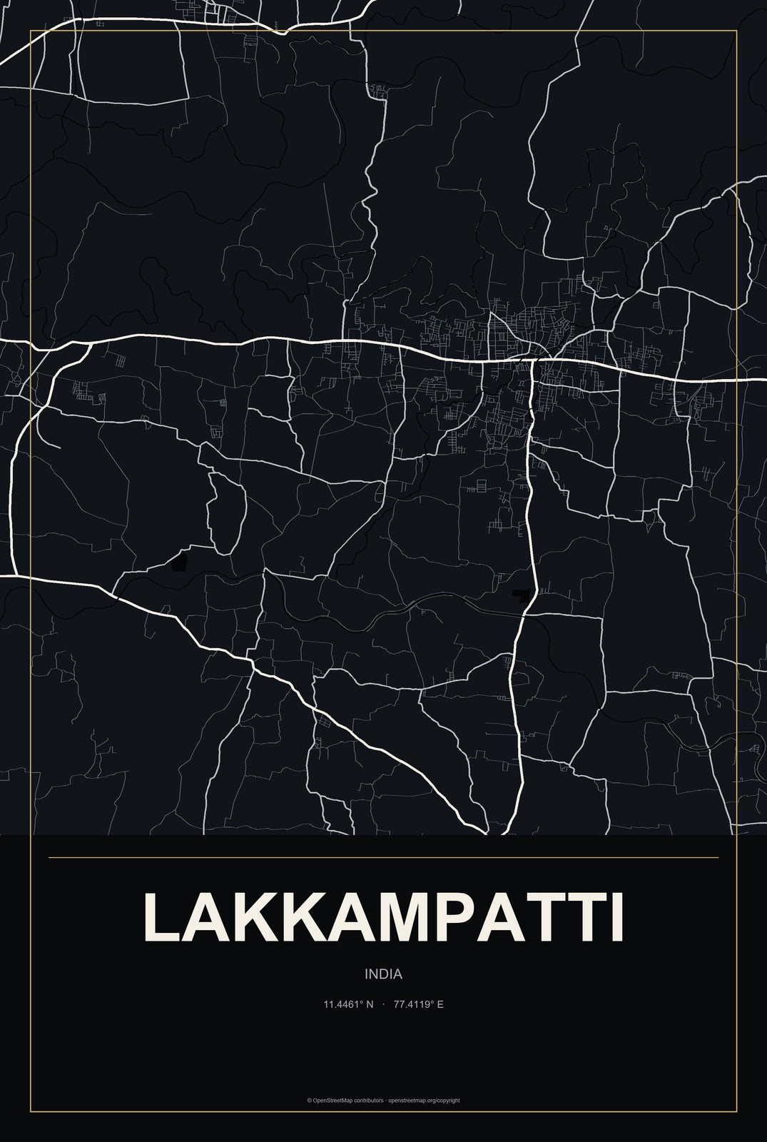 Lakkampatti, India City Map Aluminum Sign in Metropolitan Noir style