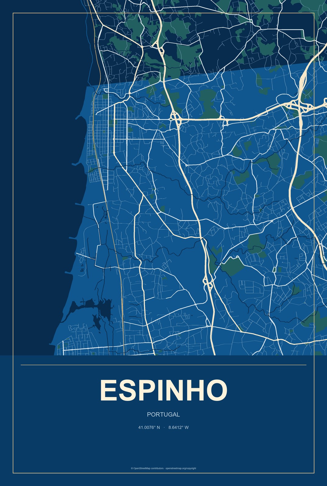 Espinho, Portugal City Map Aluminum Sign in Harbor Cobalt style
