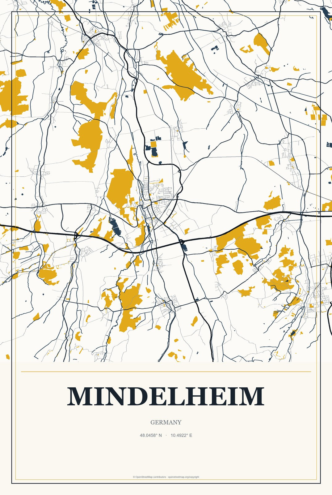 Mindelheim, Germany City Map Aluminum Sign in Citrine Modern style