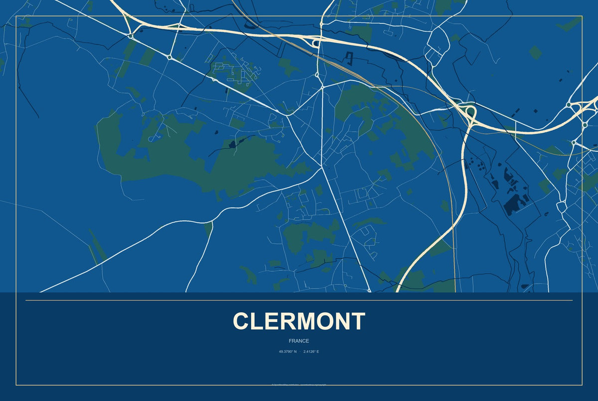 Clermont, France City Map Aluminum Sign in Harbor Cobalt style