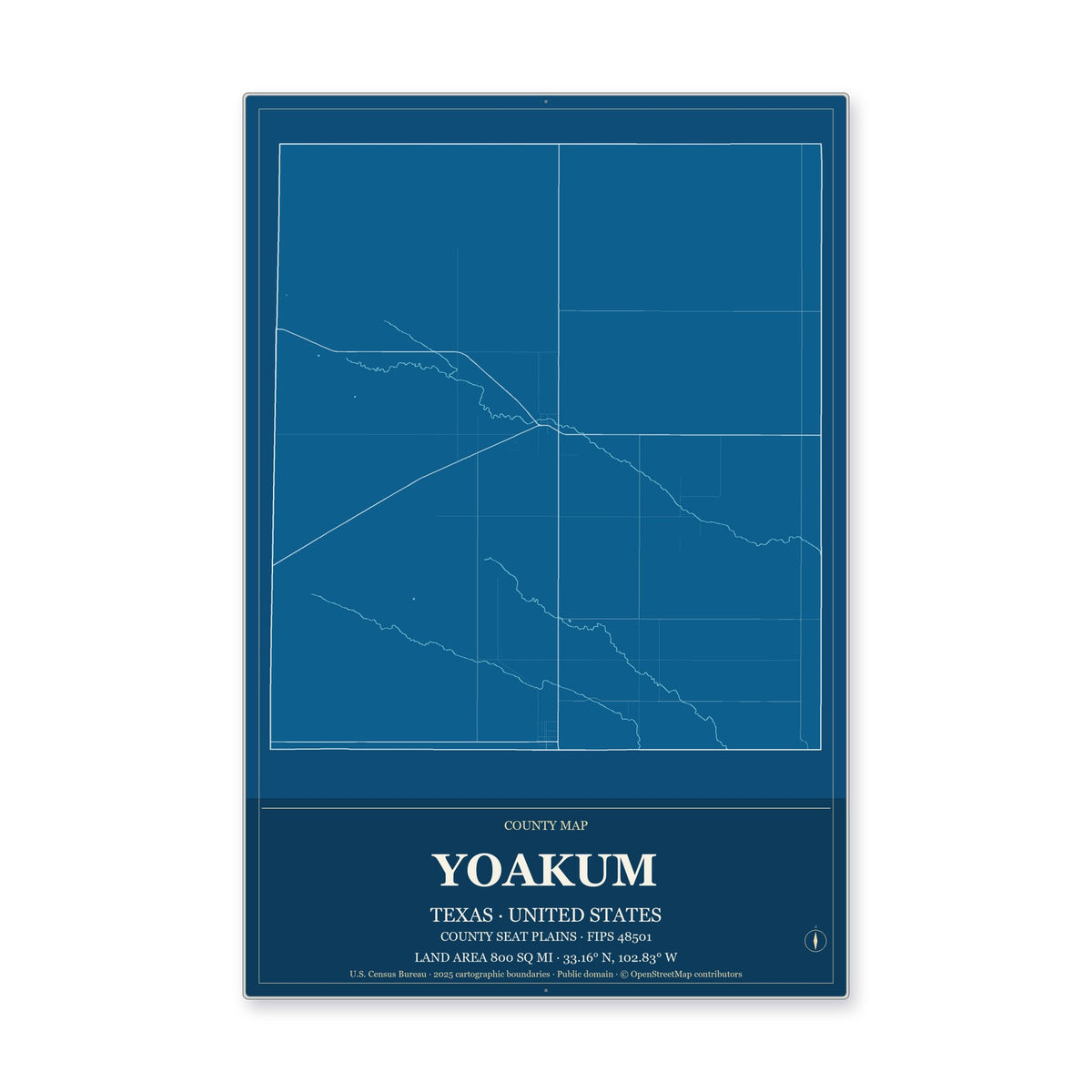 Yoakum County, Texas Map Aluminum Sign in Harbor Cobalt style
