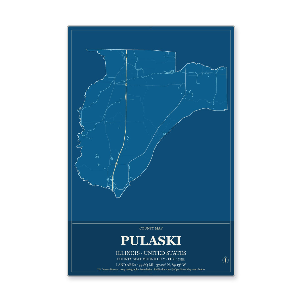 Pulaski County, Illinois Map Aluminum Sign in Harbor Cobalt style