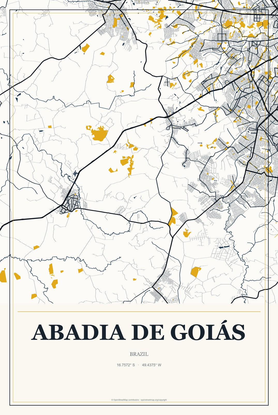 Abadia de Goiás, Brazil City Map Aluminum Sign in Citrine Modern style