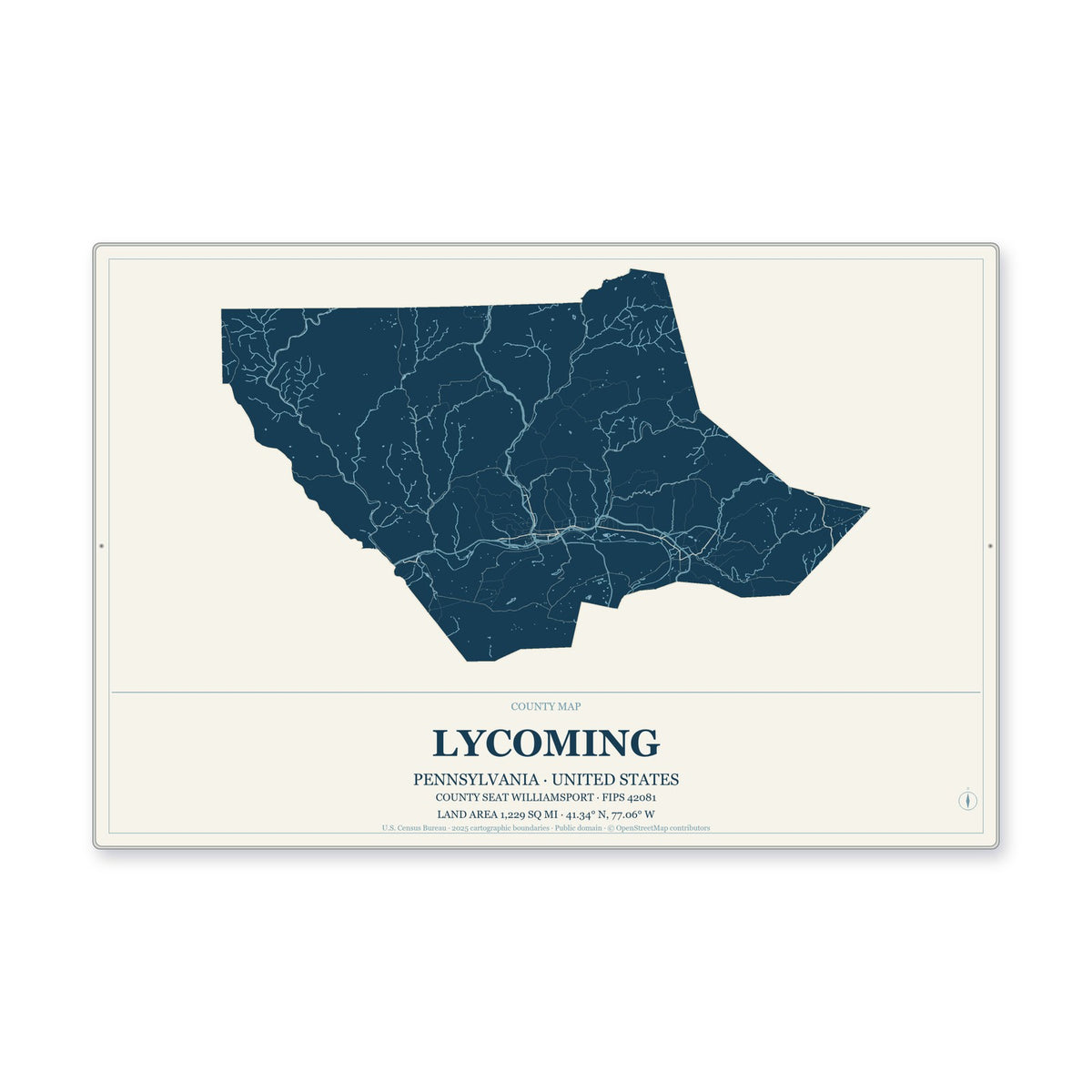 Lycoming County, Pennsylvania Map Aluminum Sign in Coastal Cutout style