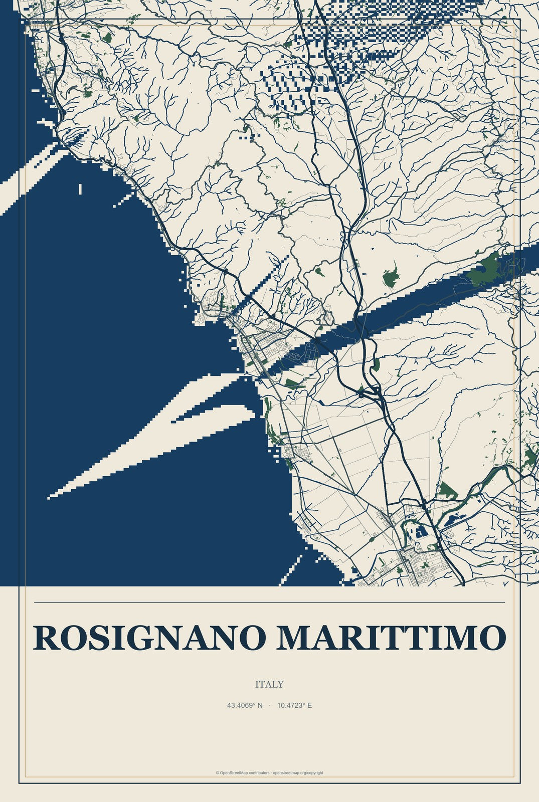 Rosignano Marittimo, Italy City Map Aluminum Sign in Coastal Cutout style