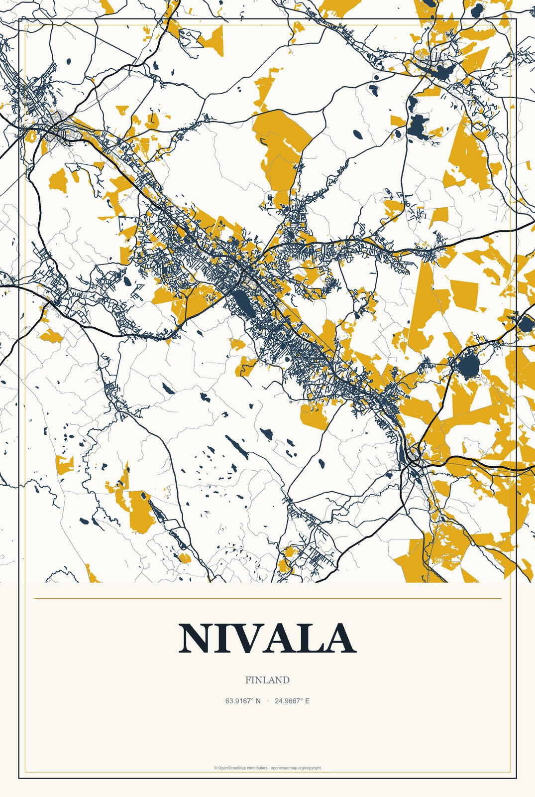 Nivala, Finland City Map Aluminum Sign in Citrine Modern style