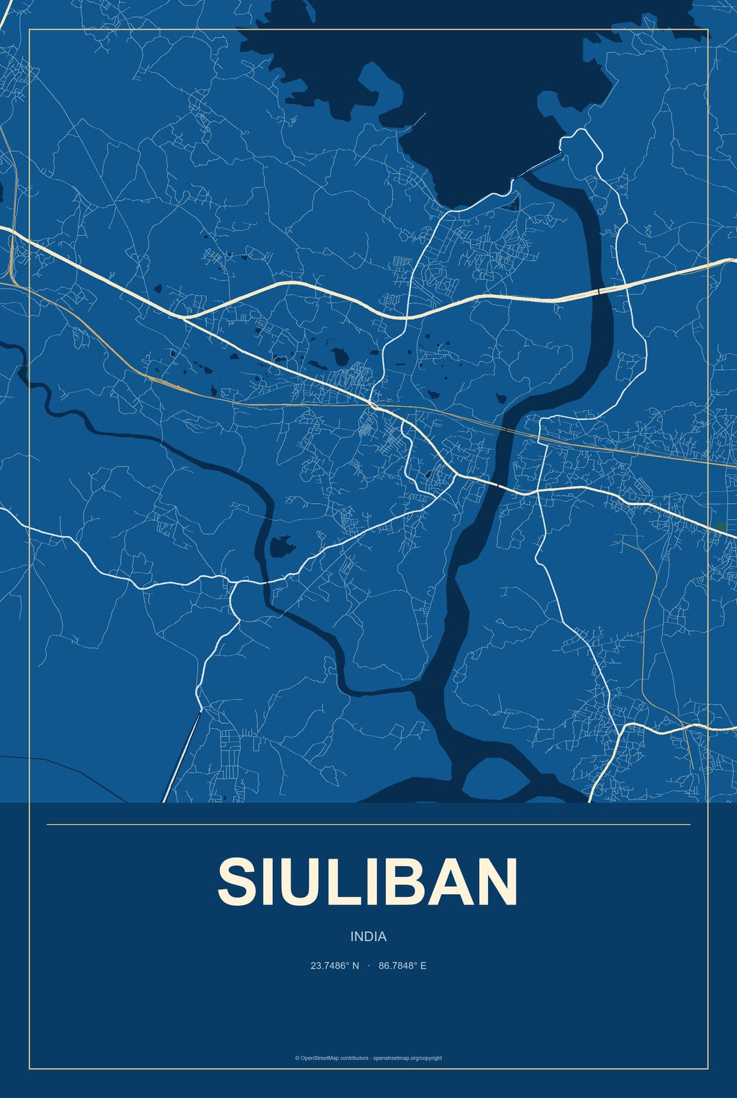Siuliban, India City Map Aluminum Sign in Harbor Cobalt style