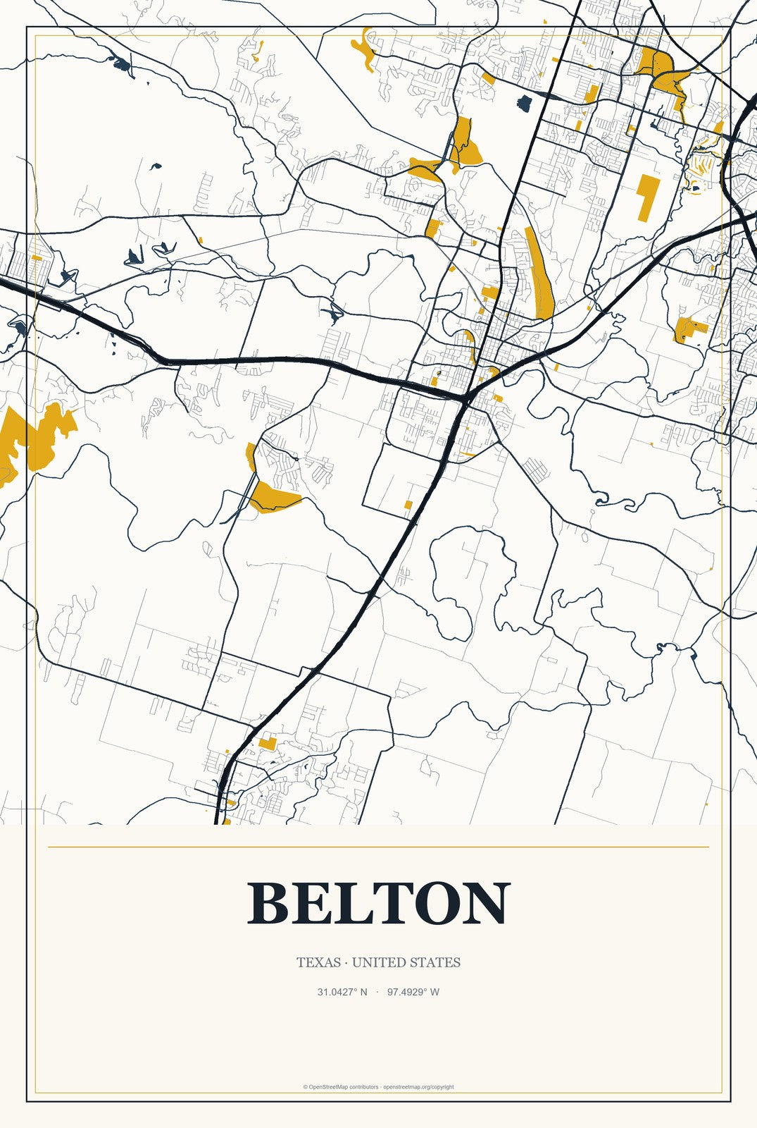 Belton, Texas City Map Aluminum Sign in Citrine Modern style