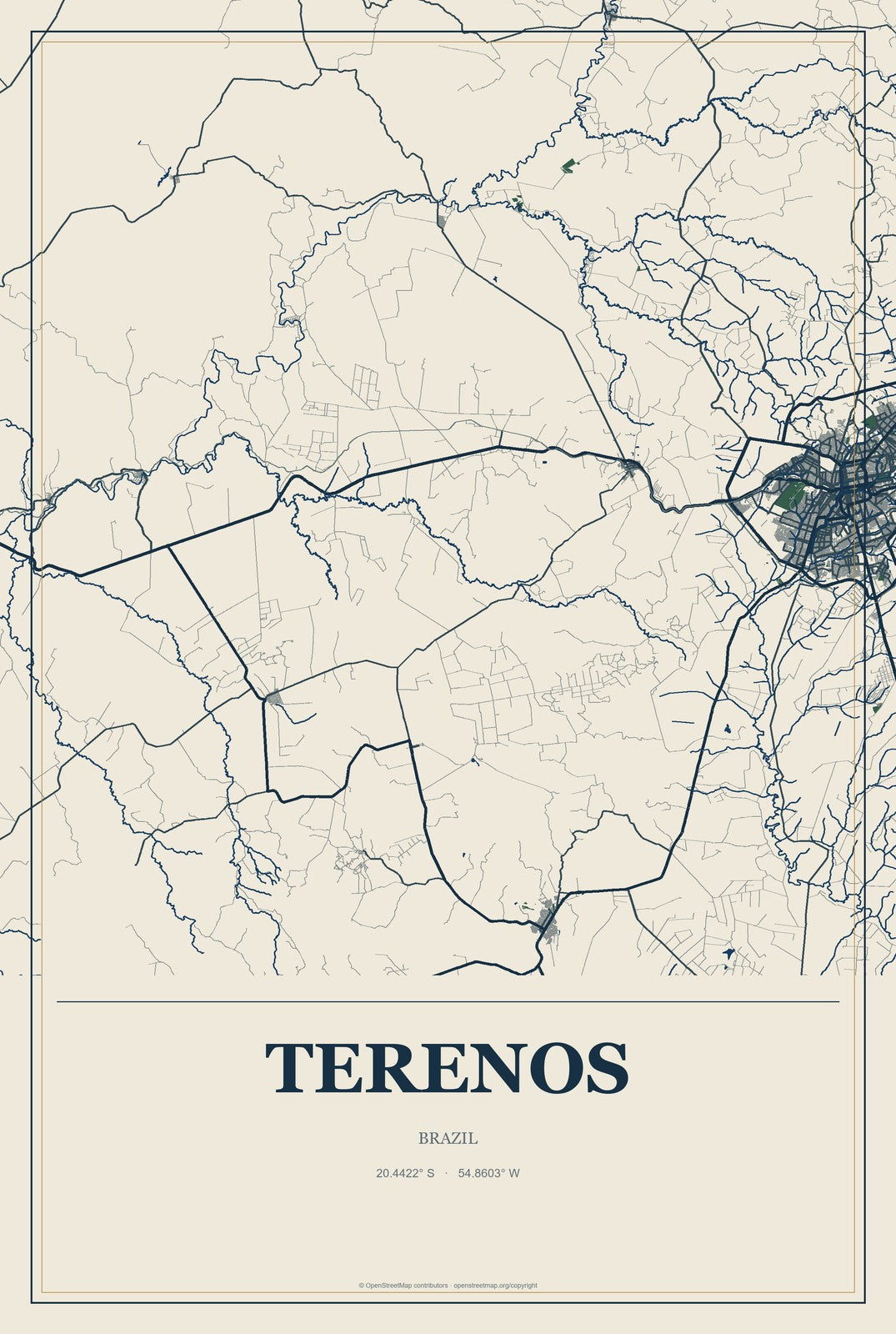 Terenos, Brazil City Map Aluminum Sign in Coastal Cutout style