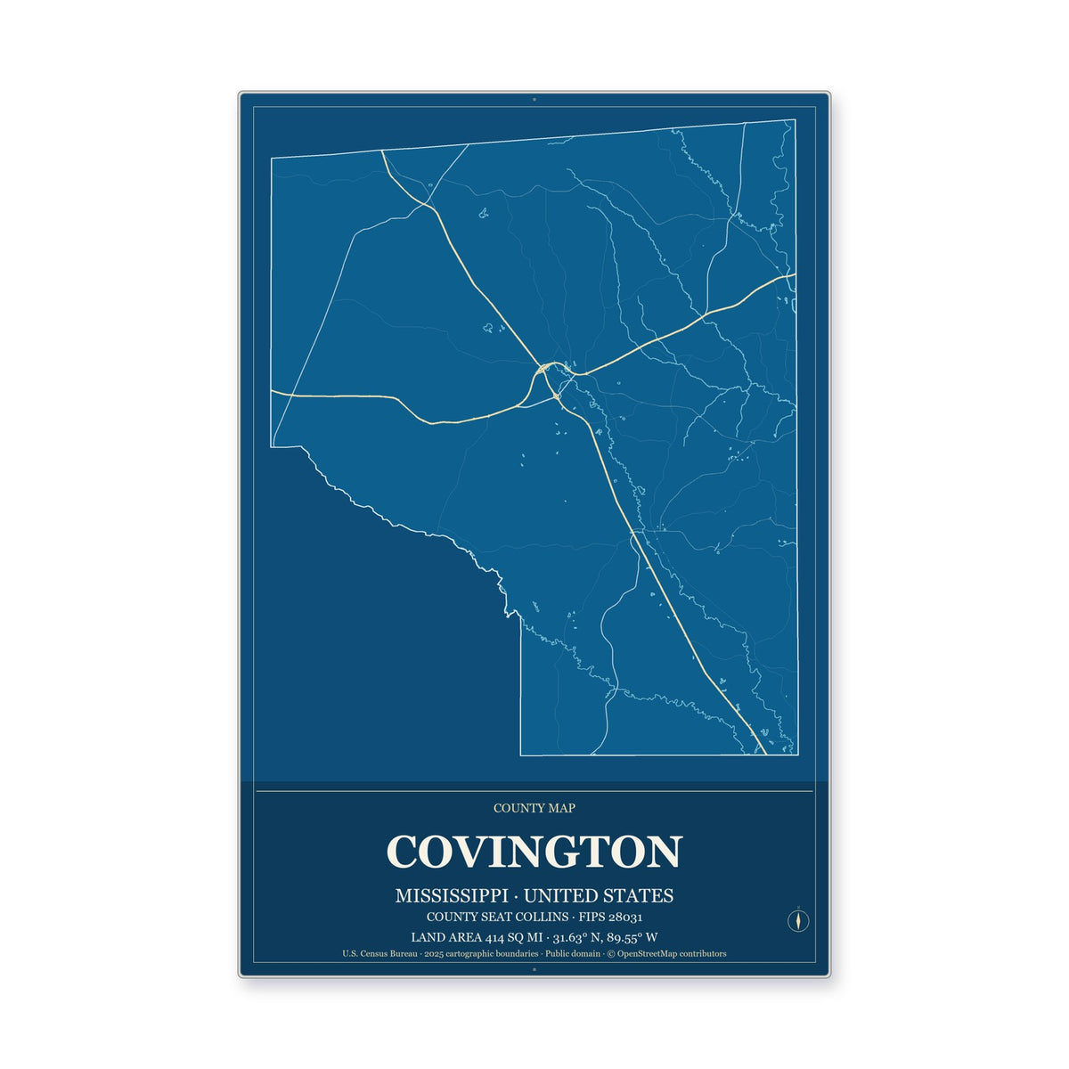 Covington County, Mississippi Map Aluminum Sign in Harbor Cobalt style