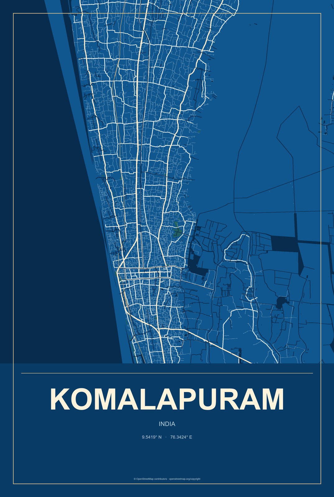 Komalapuram, India City Map Aluminum Sign in Harbor Cobalt style